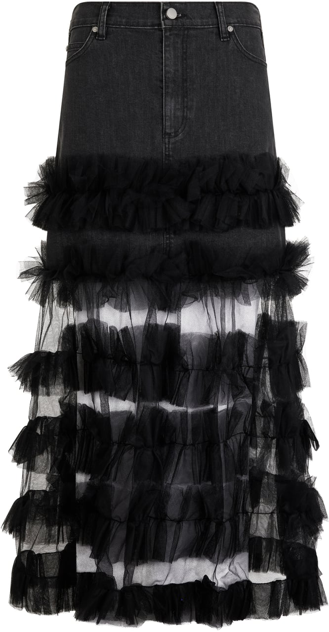 Valentino Long black denim skirt with tulle inserts. Zwart