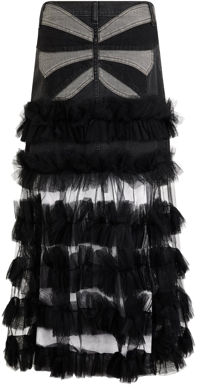 Valentino Long black denim skirt with tulle inserts. Zwart