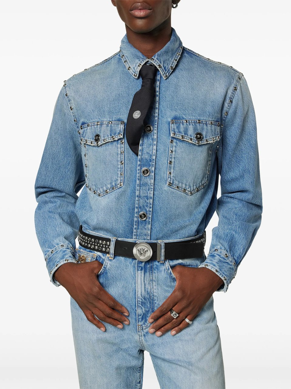 Versace Black Mix Borchie Studded Leather Belt Zwart
