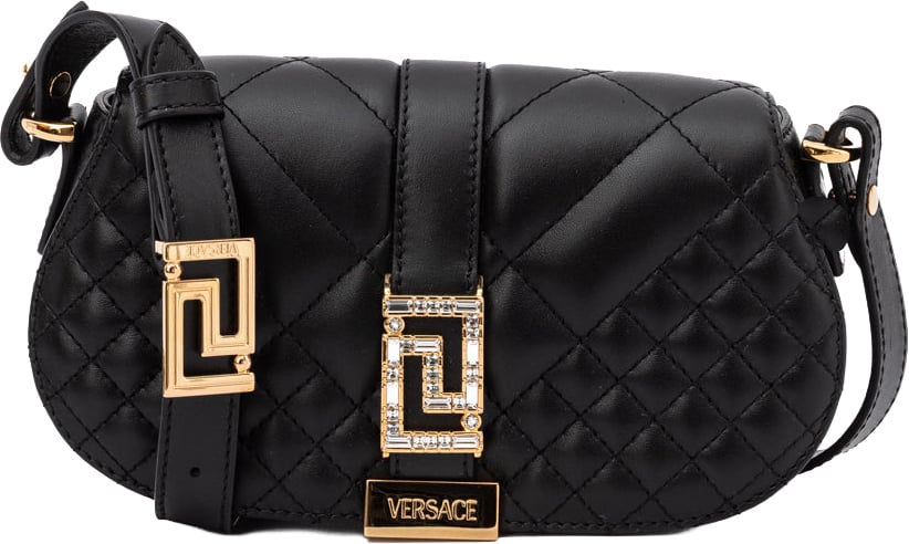 Versace Black Leather Quilted Shoulder Strap Bag Zwart