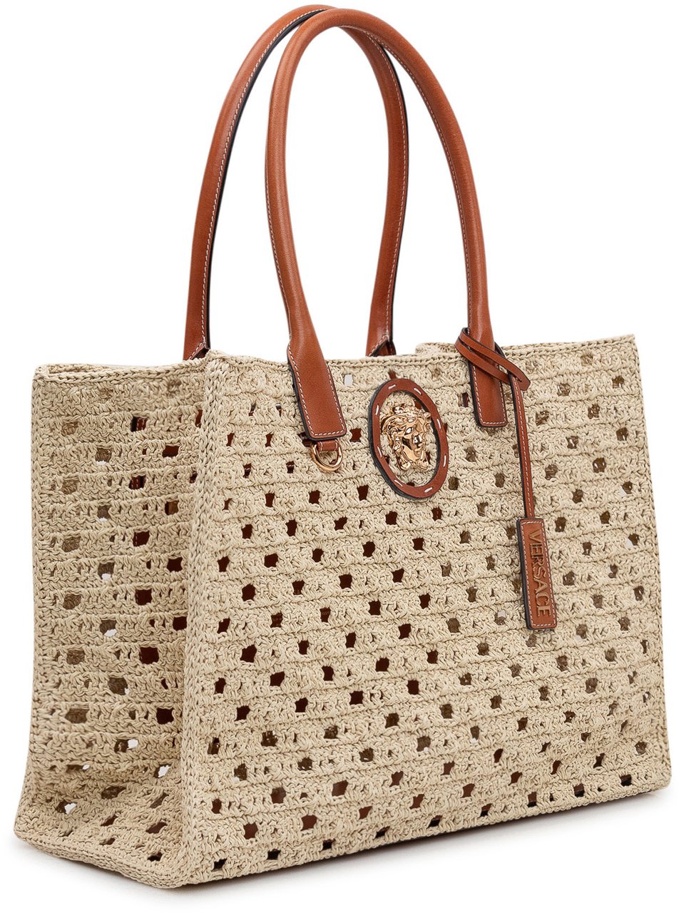 Versace Borsa Tote Fabric Calf con Manici Doppi e Logo Metallico Beige