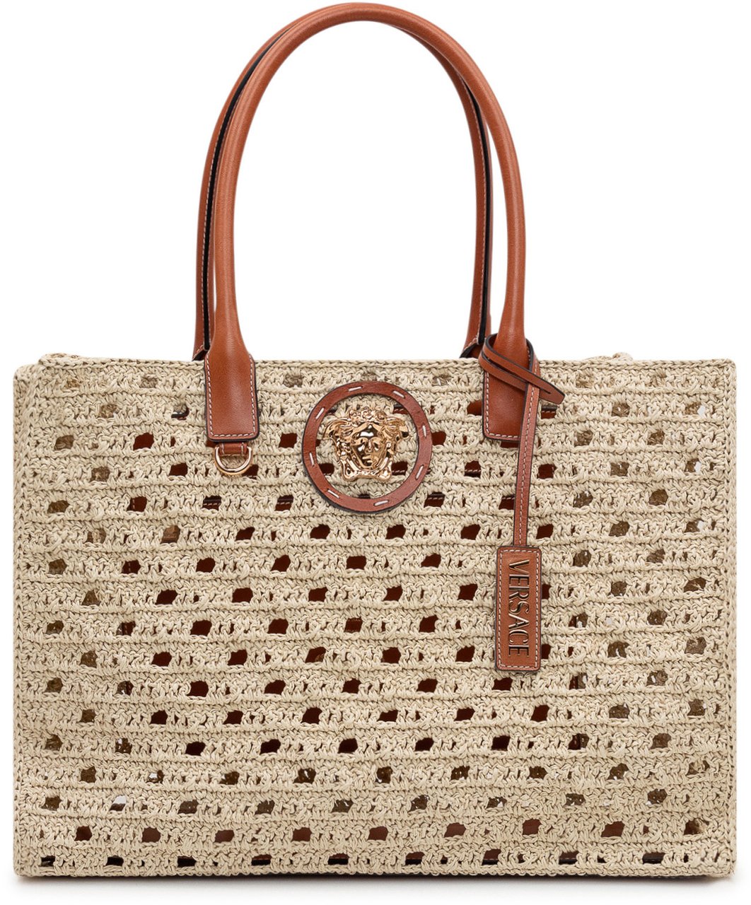 Versace Borsa Tote Fabric Calf con Manici Doppi e Logo Metallico Beige
