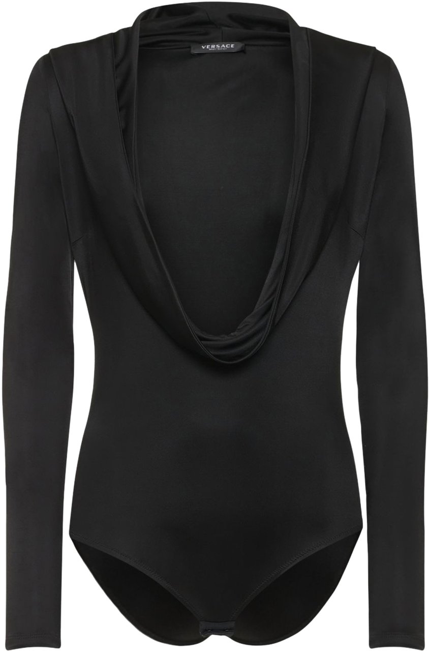 Versace Elegant Black Bodysuit with Long Sleeves Deep Neckline Zwart