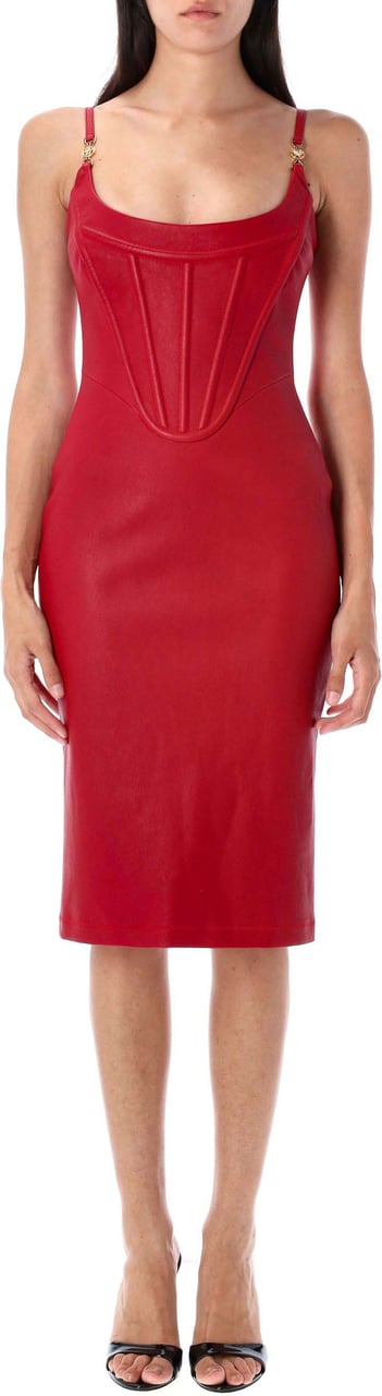 Versace Bustier Leather Long Dress Parade Red Rood