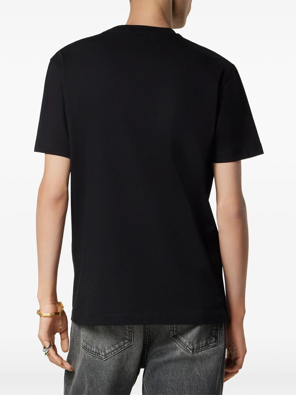 Versace Black Minimalist Embroidered Logo Cotton T-shirt Zwart