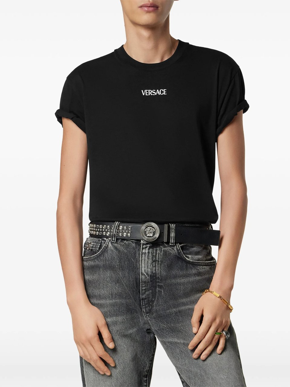 Versace Black Minimalist Embroidered Logo Cotton T-shirt Zwart