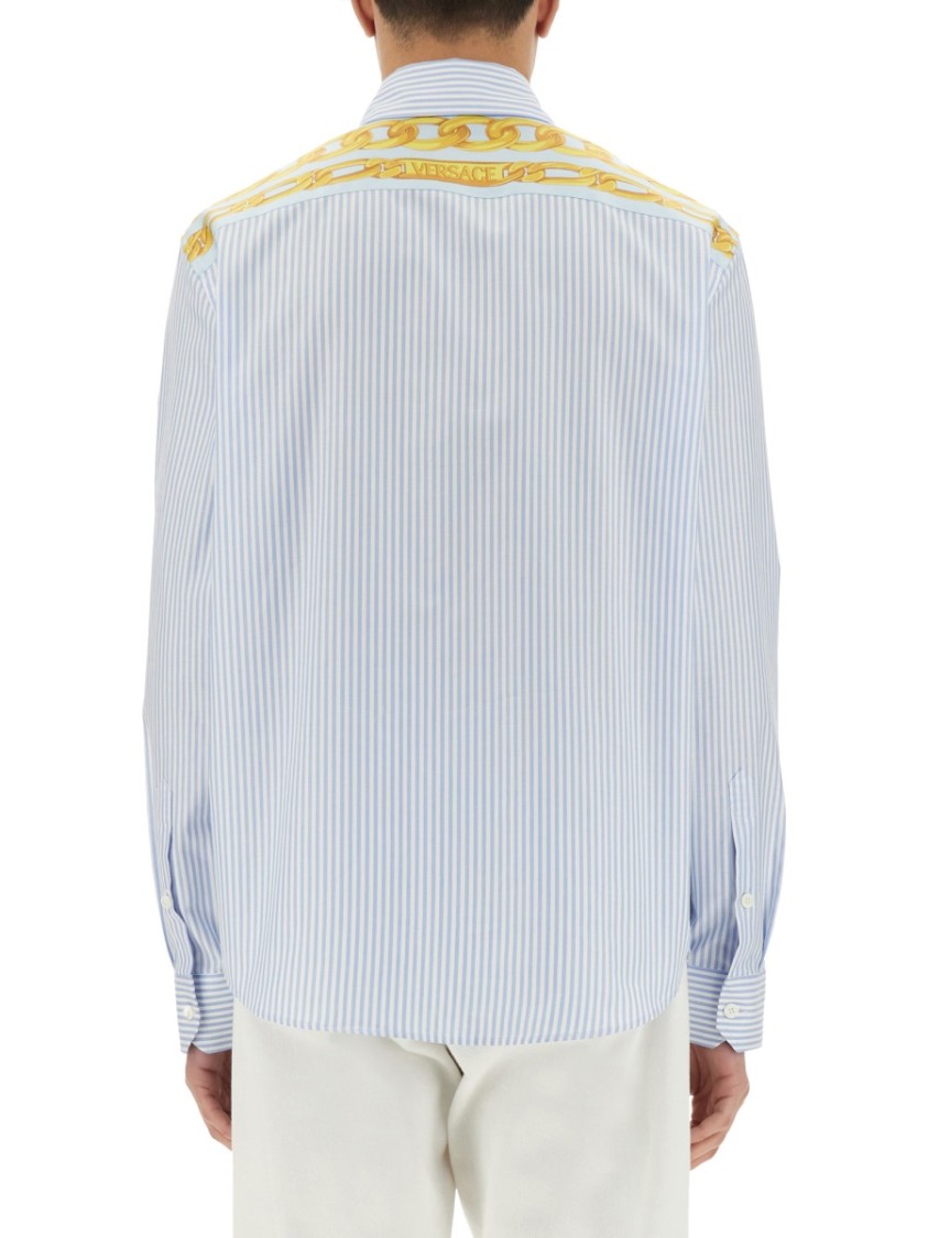 Versace Striped Shirt With Silk Printed Insert Blauw