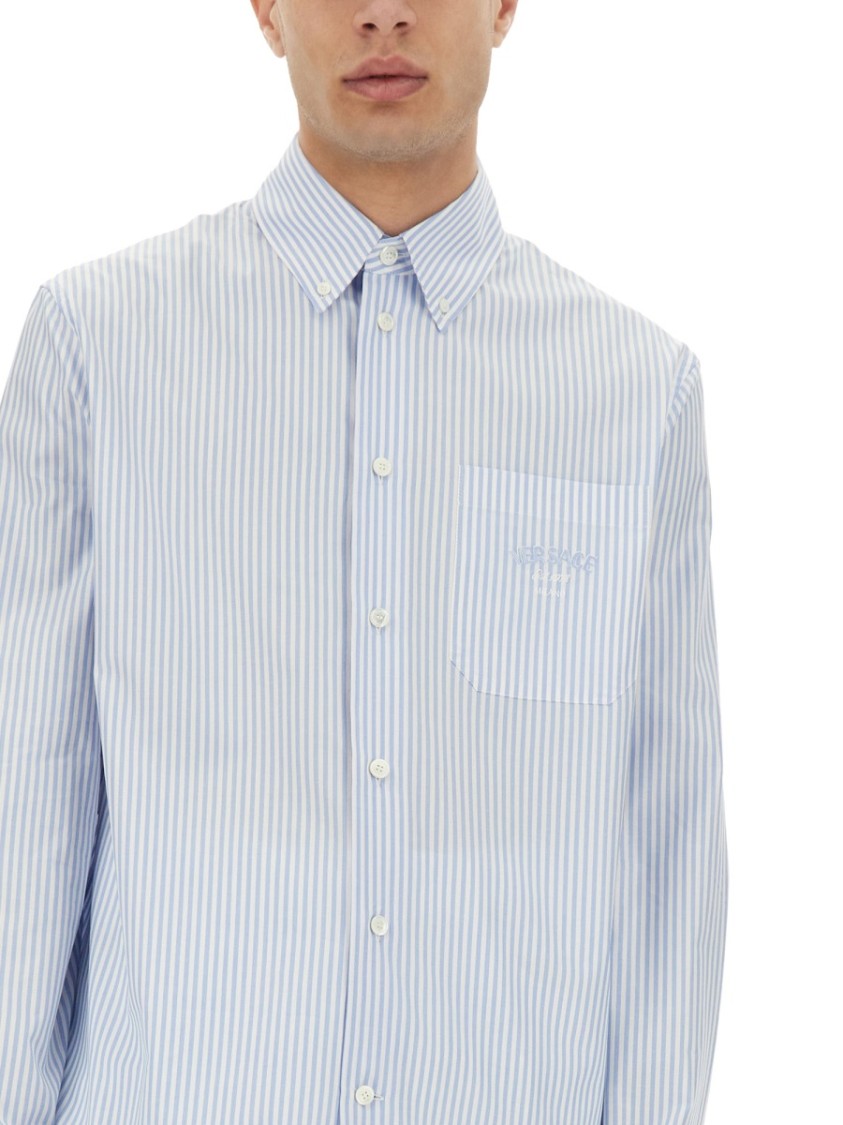 Versace Striped Shirt With Silk Printed Insert Blauw