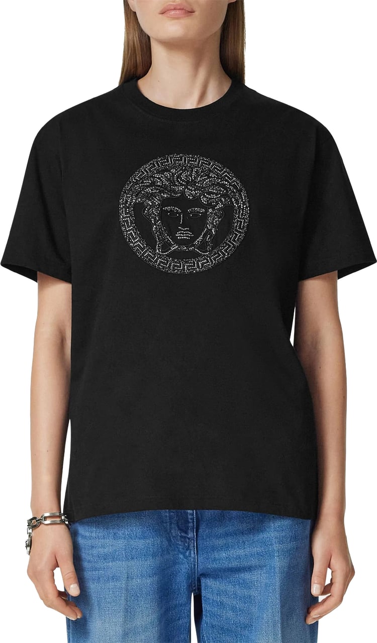 Versace Medusa Embroidery Microcrystal Cotton T-shirt Zwart