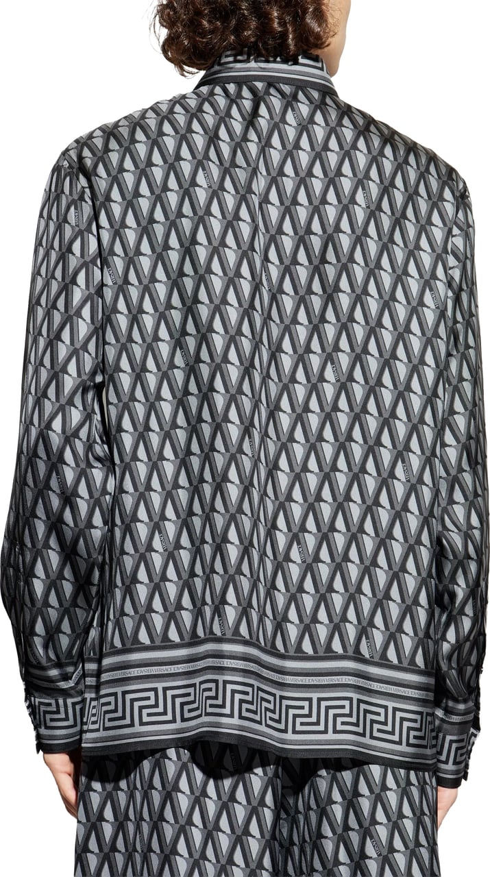 Versace Blue Geometric Greek Key Silk Shirt Grijs