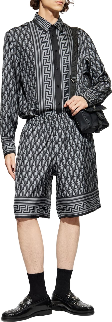 Versace Blue Geometric Greek Key Silk Shirt Grijs