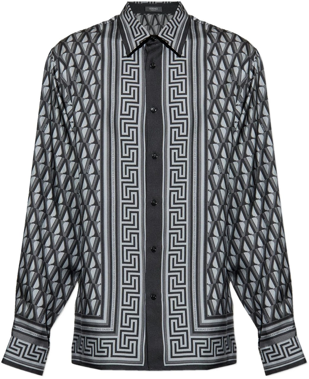 Versace Blue Geometric Greek Key Silk Shirt Grijs