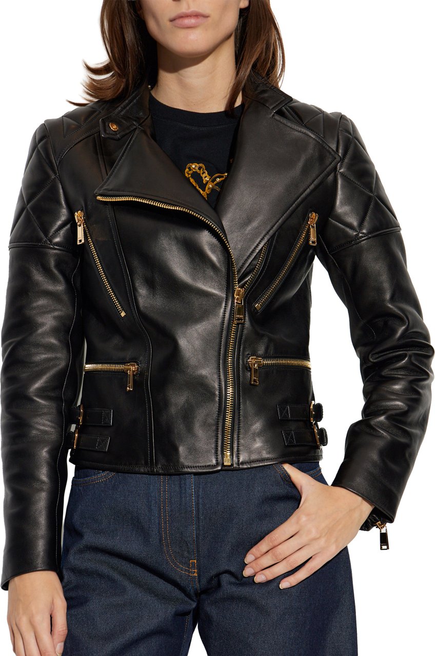 Versace Black Agnello Quilted Leather Biker Jacket Zwart