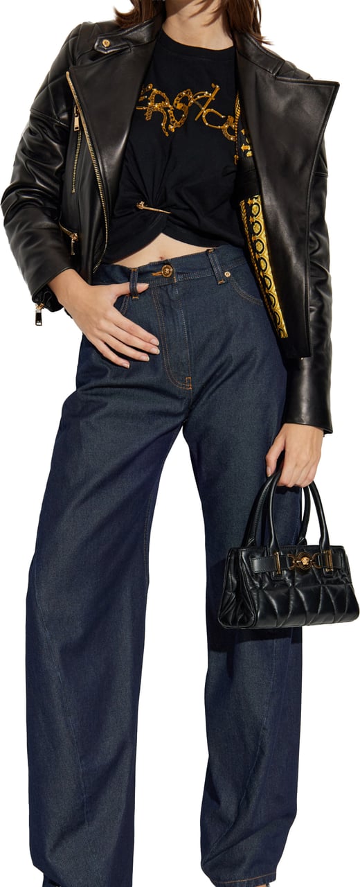 Versace Black Agnello Quilted Leather Biker Jacket Zwart