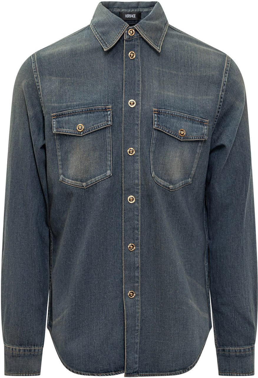 Versace Versace Camicia in Denim con Bottoni Medusa Blauw