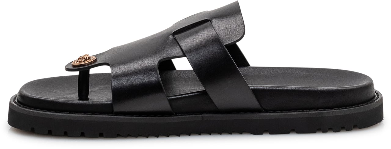 Versace Sandali Calf in pelle con Fasce e Suola Dentellata Zwart