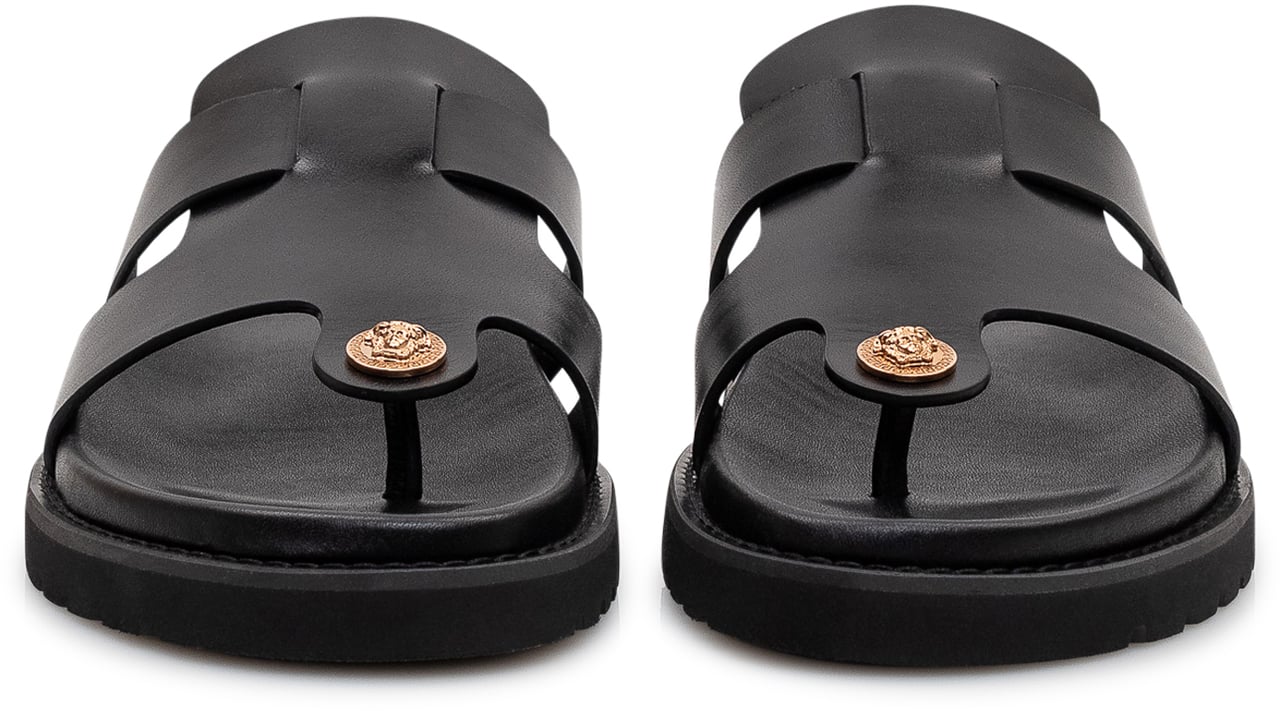 Versace Sandali Calf in pelle con Fasce e Suola Dentellata Zwart