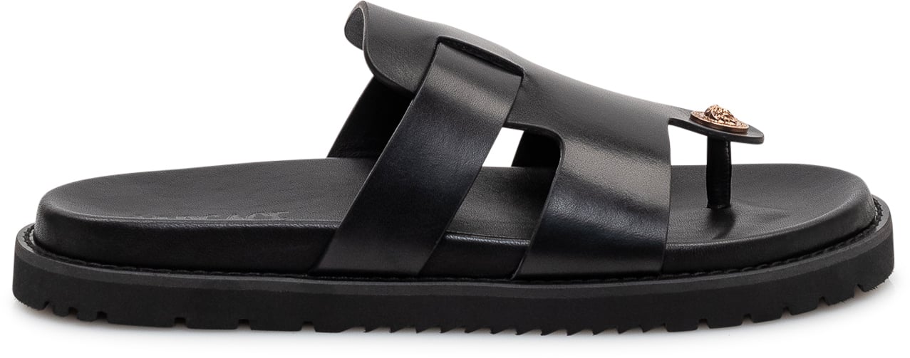 Versace Sandali Calf in pelle con Fasce e Suola Dentellata Zwart