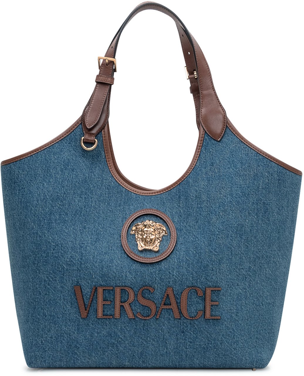 Versace Borsa Tote in Tessuto e Pelle Blauw