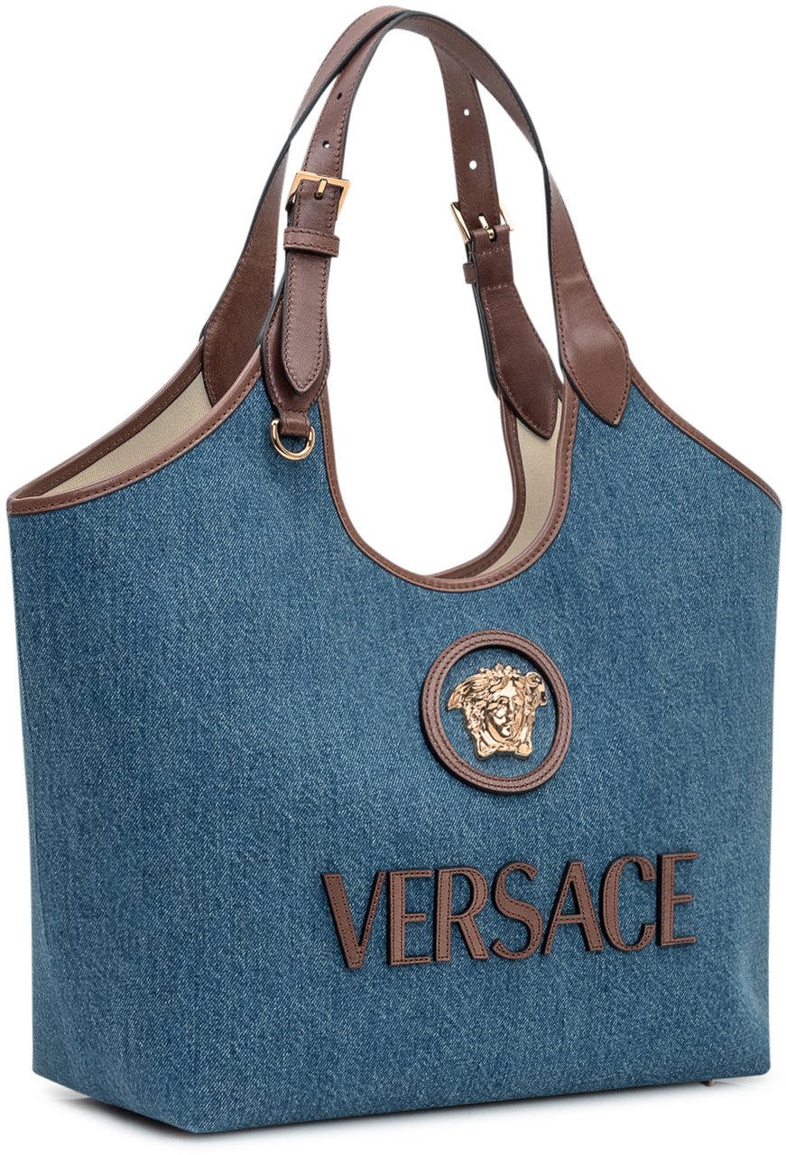 Versace Borsa Tote in Tessuto e Pelle Blauw