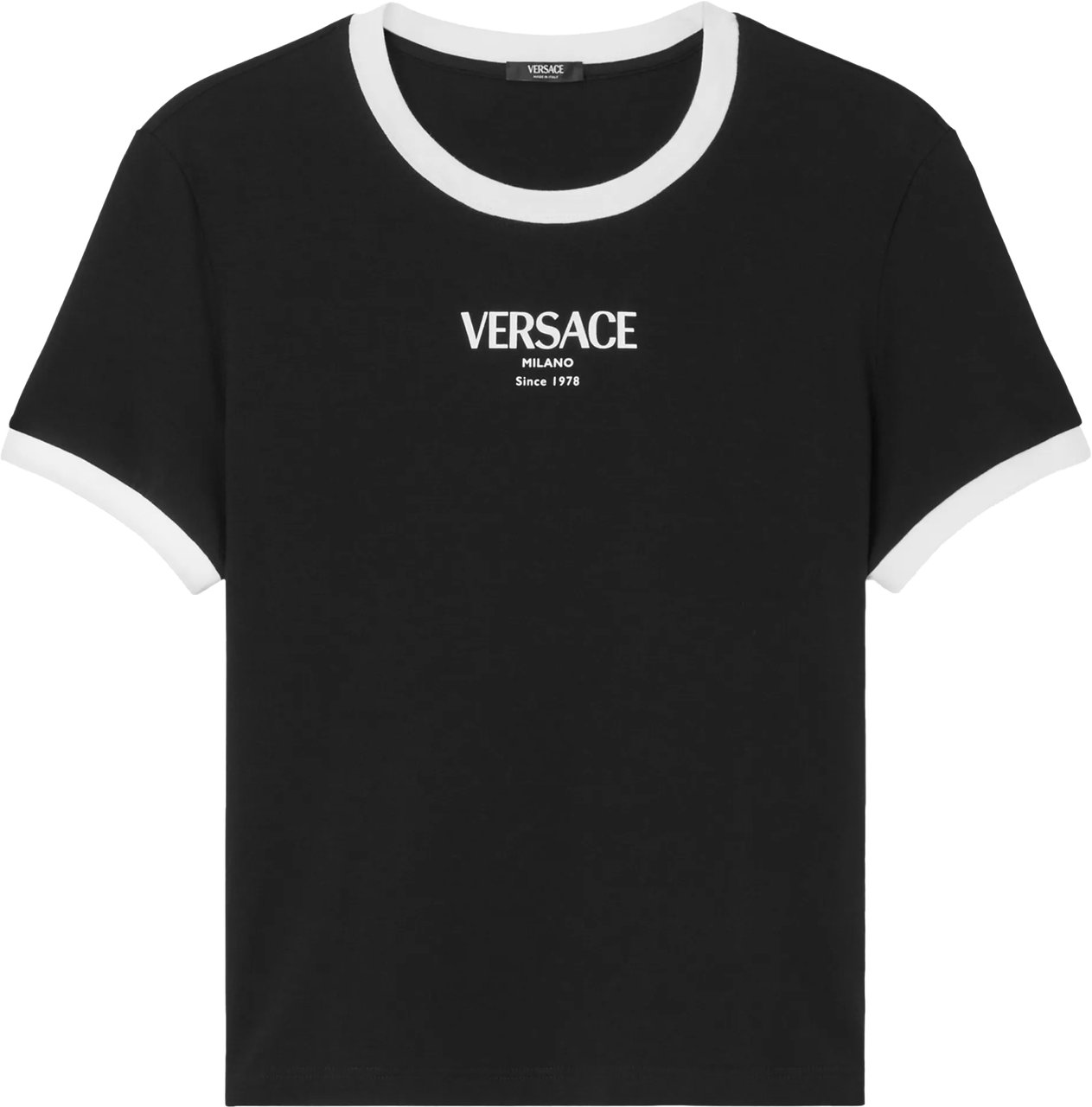 Versace Black Cropped Viscose Contrast Trim T-shirt Zwart
