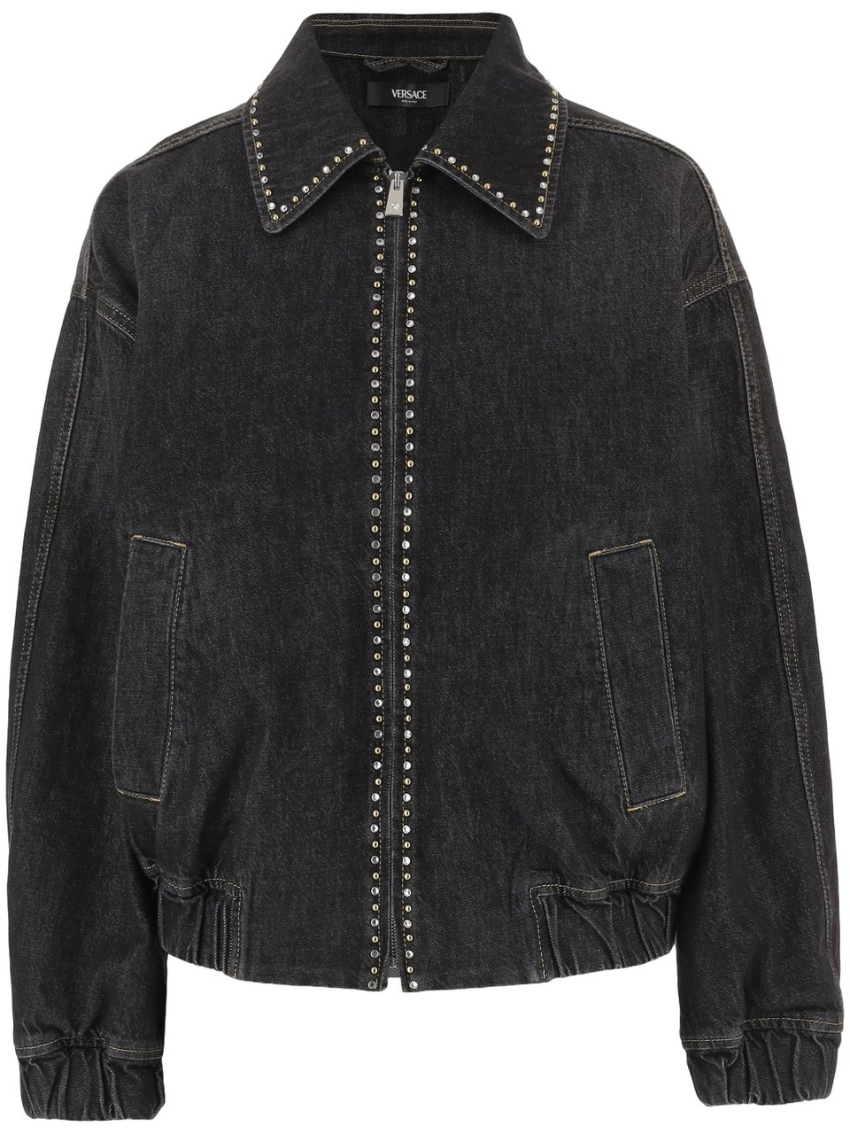 Versace Studded Black Cotton Jacket with Zip Closure Zwart