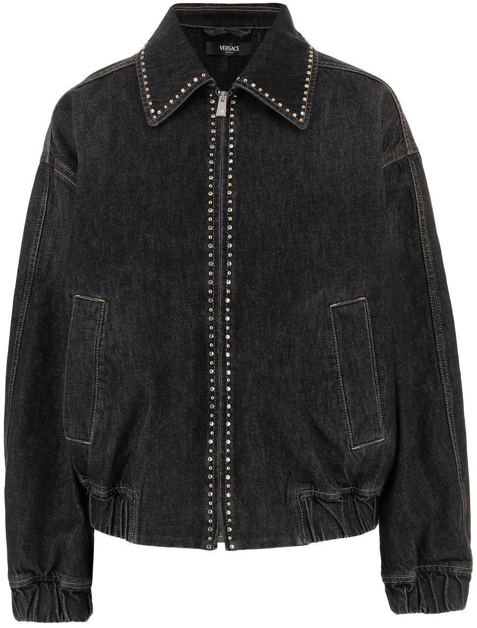 Versace Black Blouson Denim Studded Relaxed Jacket Zwart