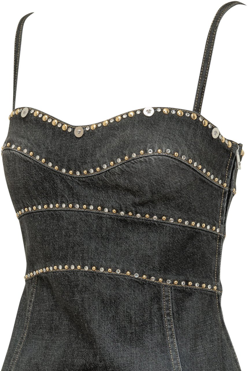 Versace Abito Dress Denim Stone con Spalline e Applicazioni Donkergrijs