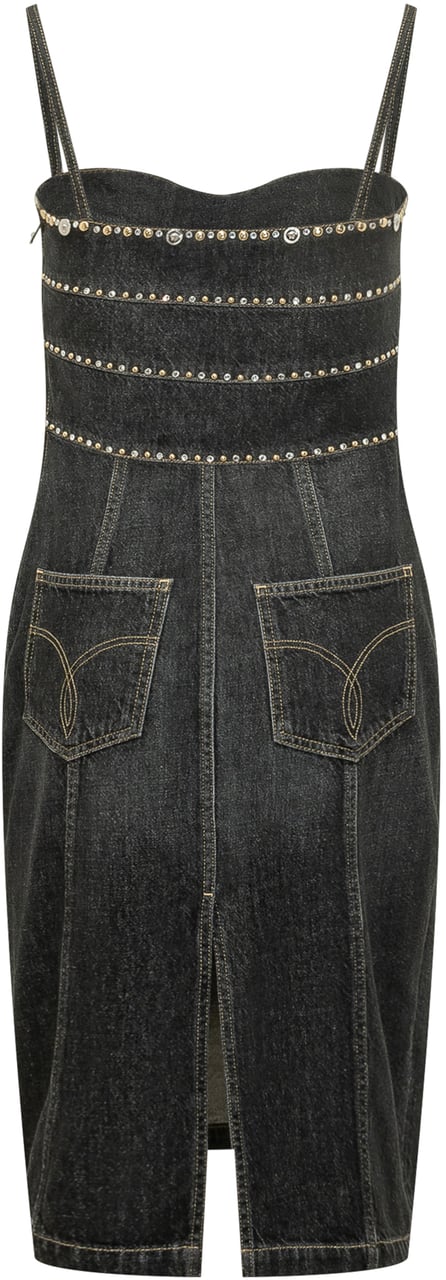 Versace Abito Dress Denim Stone con Spalline e Applicazioni Donkergrijs