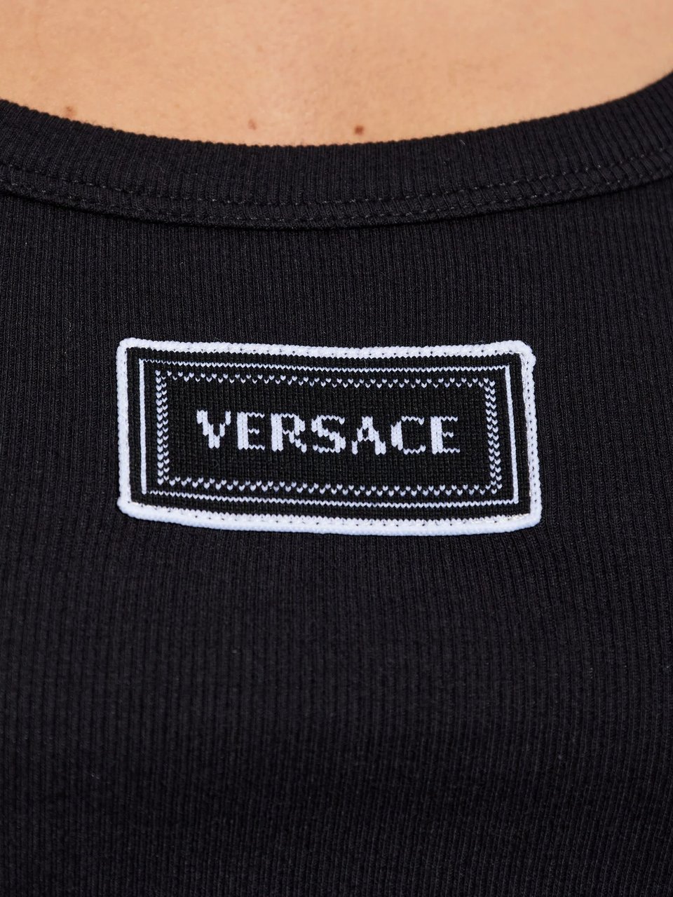 Versace Black Fitted Text Patch Cotton Top Zwart