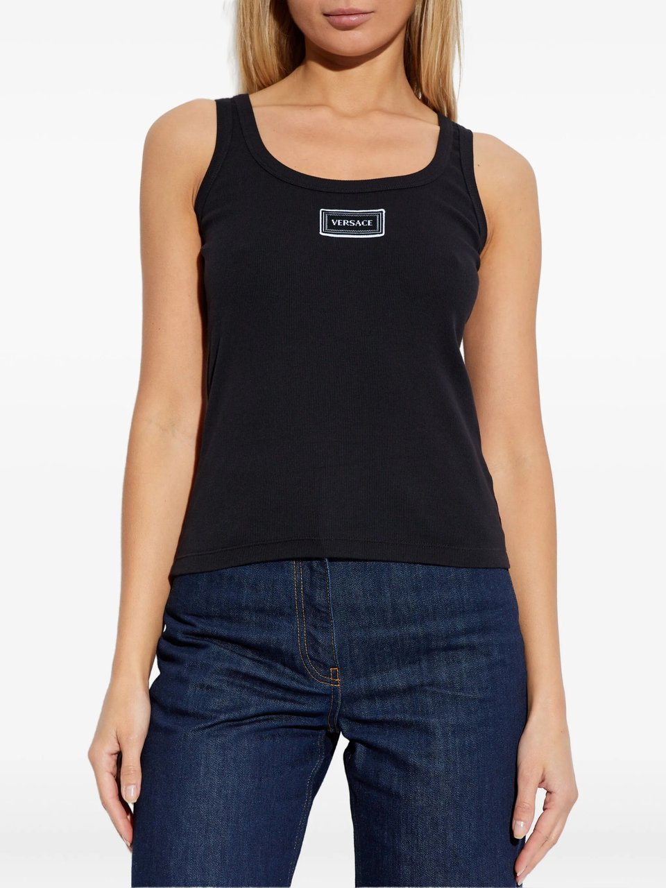 Versace Black Fitted Text Patch Cotton Top Zwart