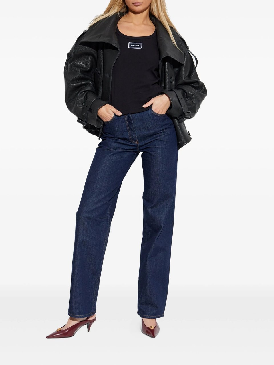 Versace Black Fitted Text Patch Cotton Top Zwart