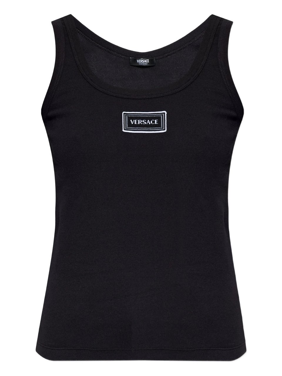 Versace Black Fitted Text Patch Cotton Top Zwart
