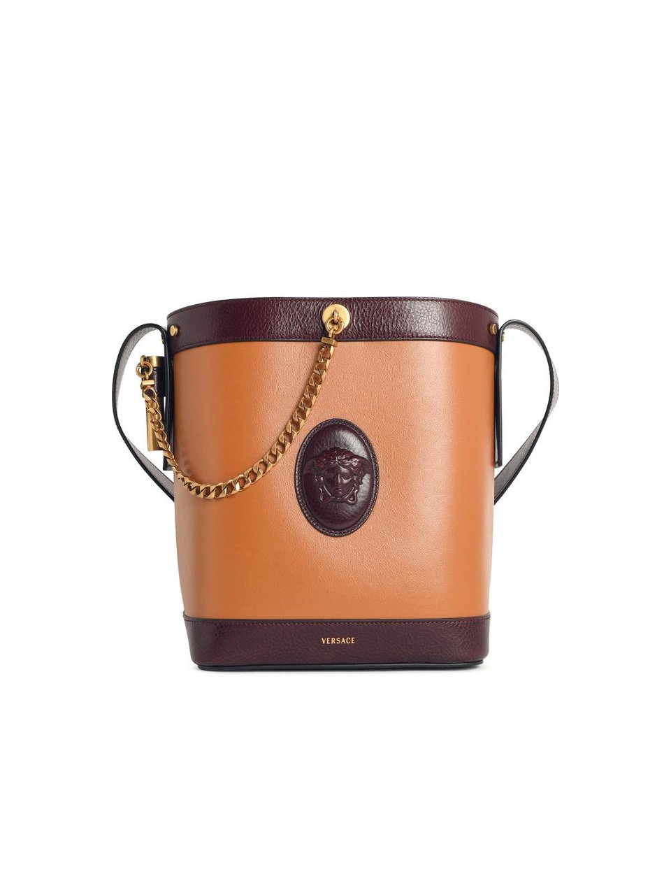 Versace 'Pivot' Small Brown Leather Bucket Bag Oranje