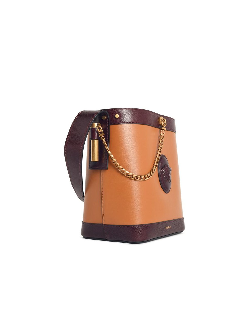 Versace 'Pivot' Small Brown Leather Bucket Bag Oranje