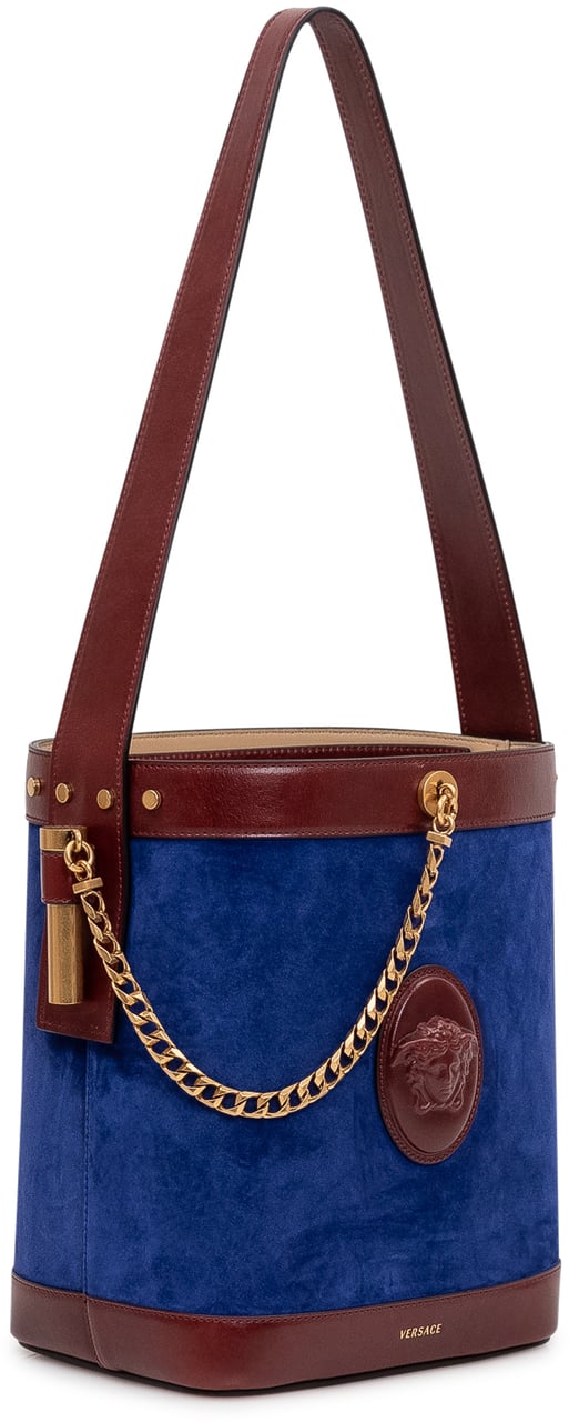 Versace Borsa Secchiello Piccola in Pelle e Suede Blauw