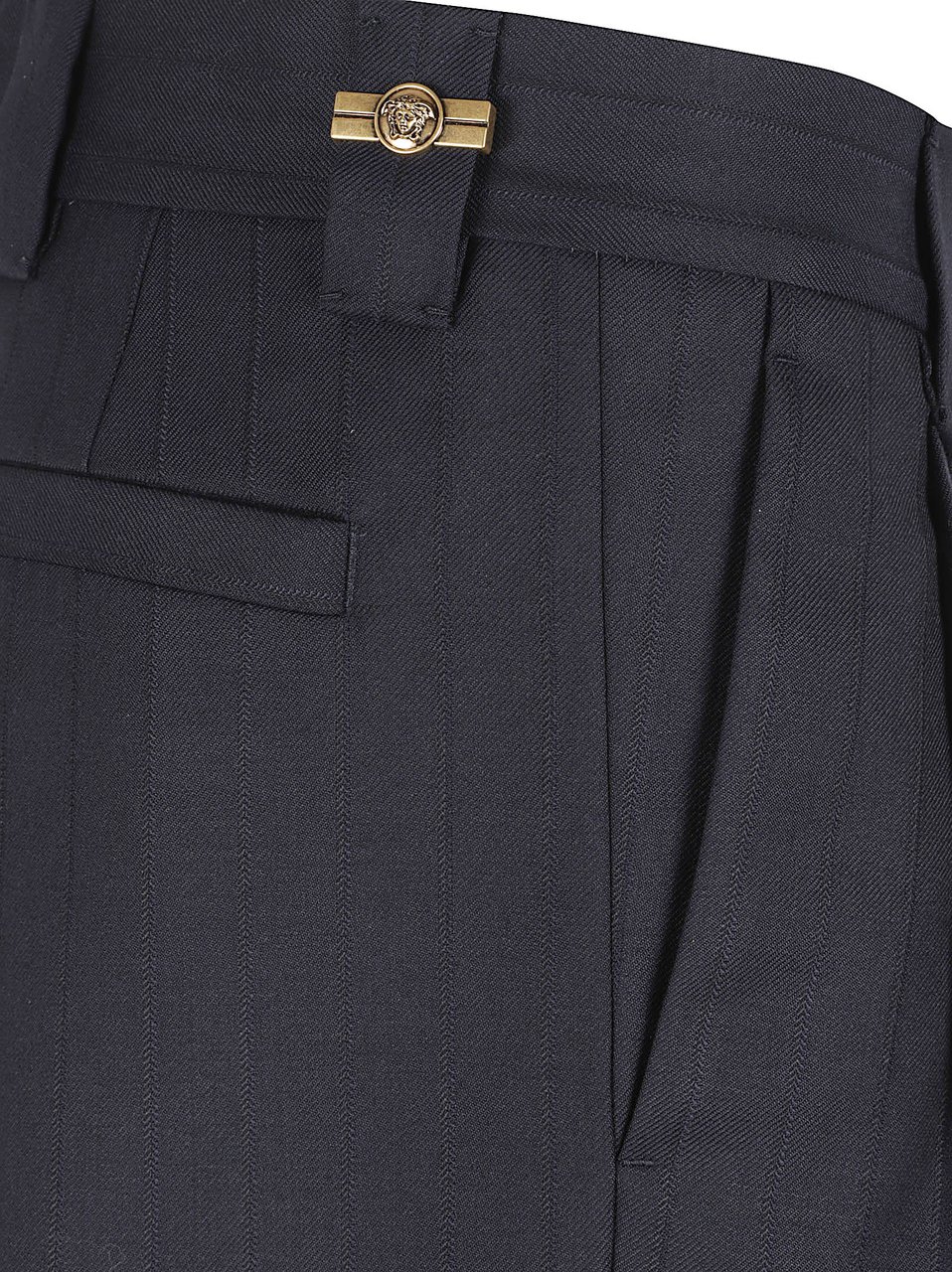 Versace Oversized Black Wool Trousers with Medusa Buckle Zwart