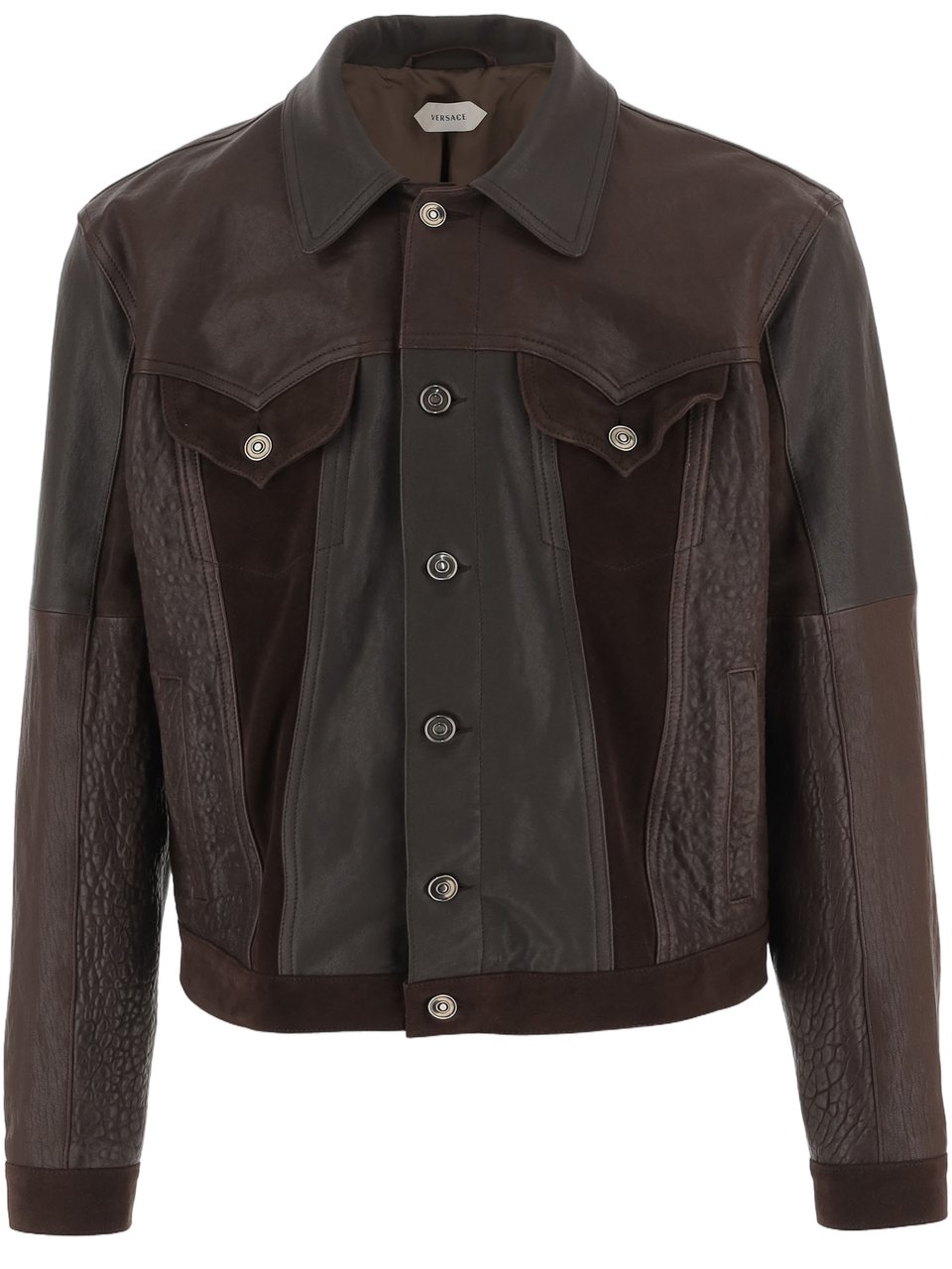 Versace Brown Leather Jacket with Pointed Collar Zwart