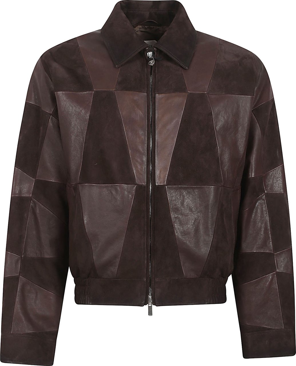 Versace Patchwork Leather Coat with Classic Collar and Zipper Closure Zwart