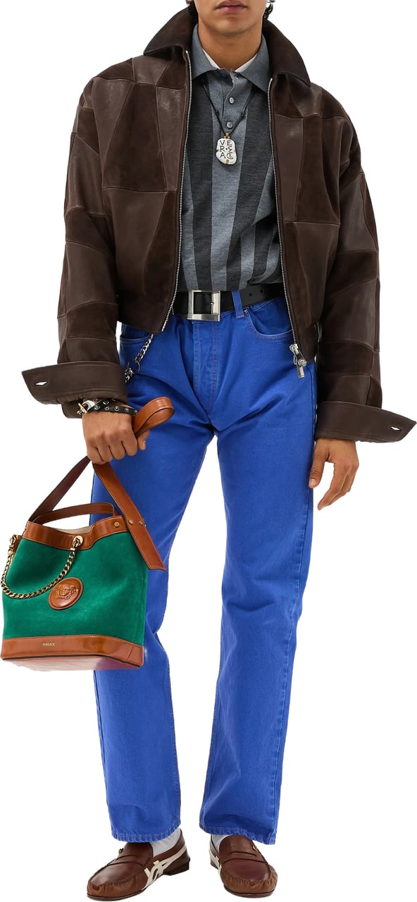 Versace Brown Blouson Leather Patchwork Cropped Jacket Zwart