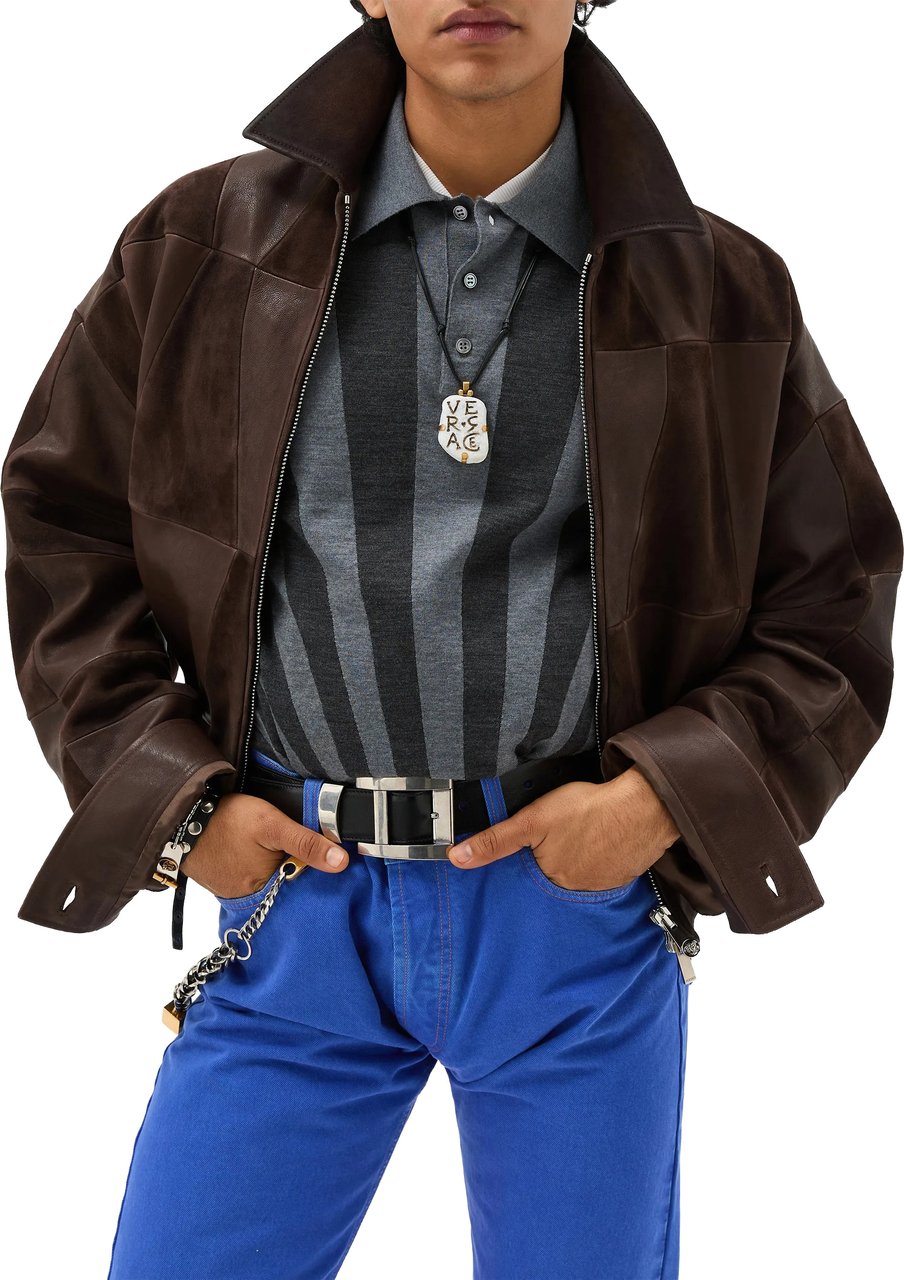 Versace Brown Blouson Leather Patchwork Cropped Jacket Zwart