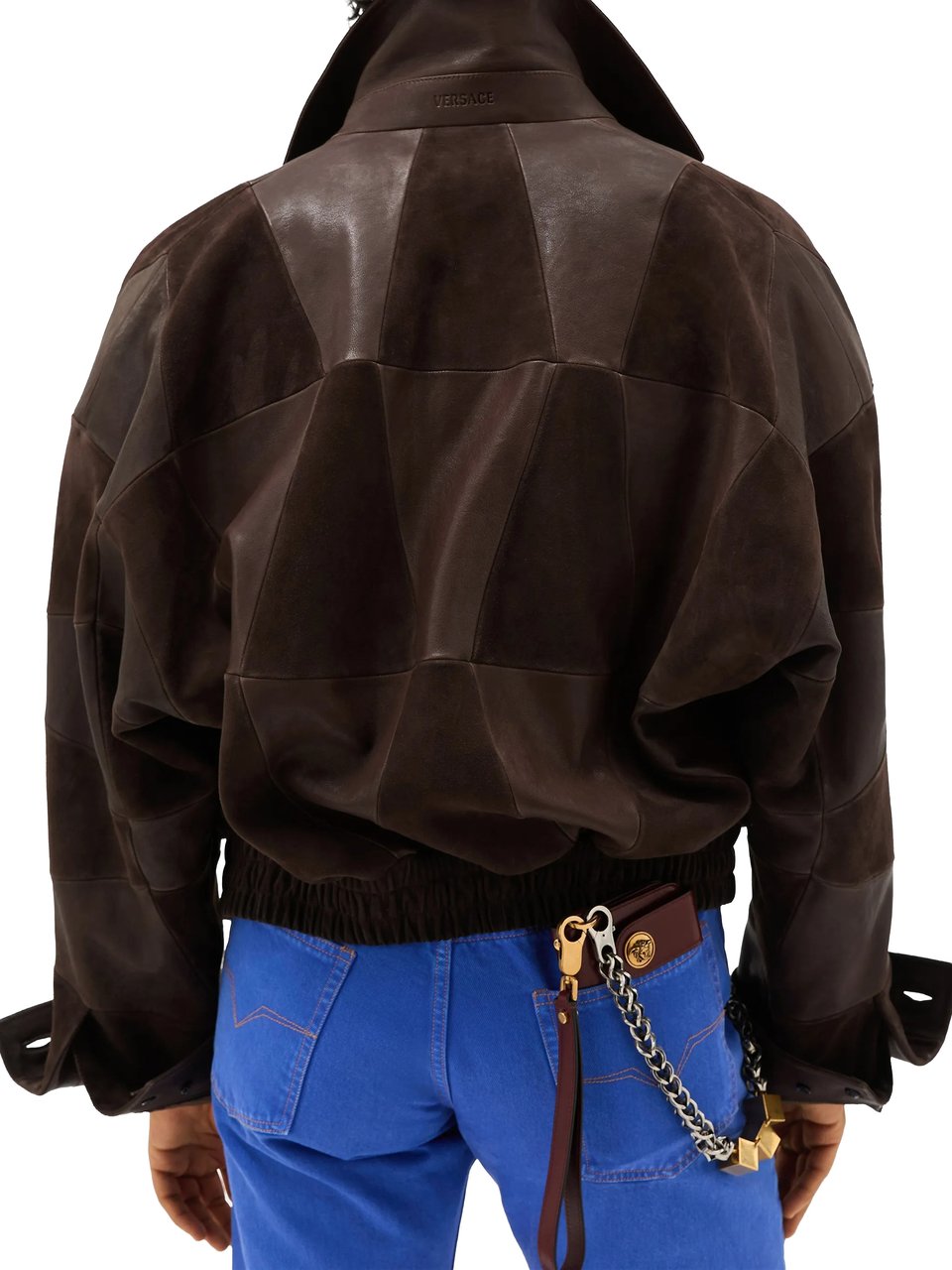 Versace Brown Blouson Leather Patchwork Cropped Jacket Zwart