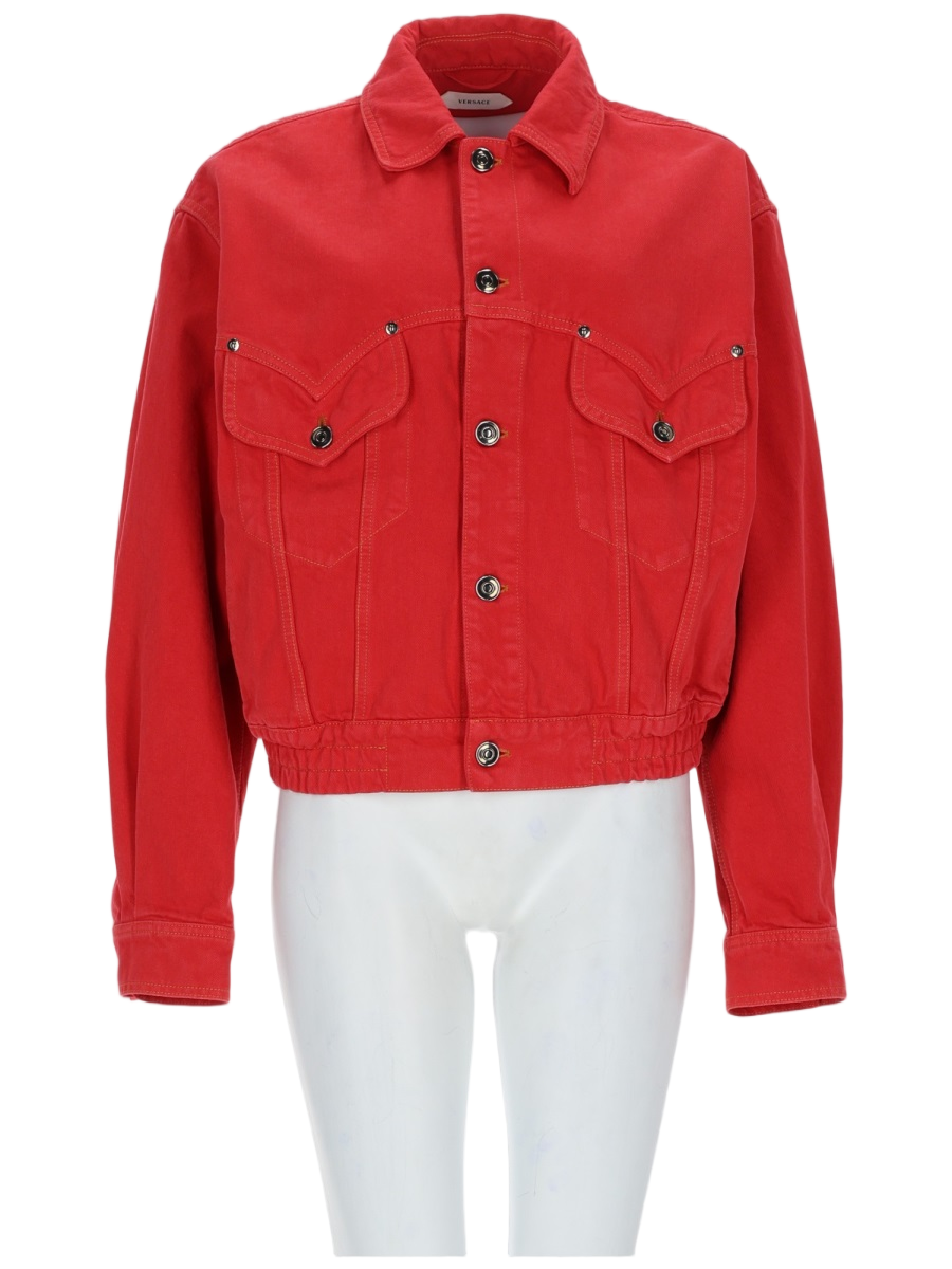 Versace Red Cropped Cotton Denim Jacket Rood