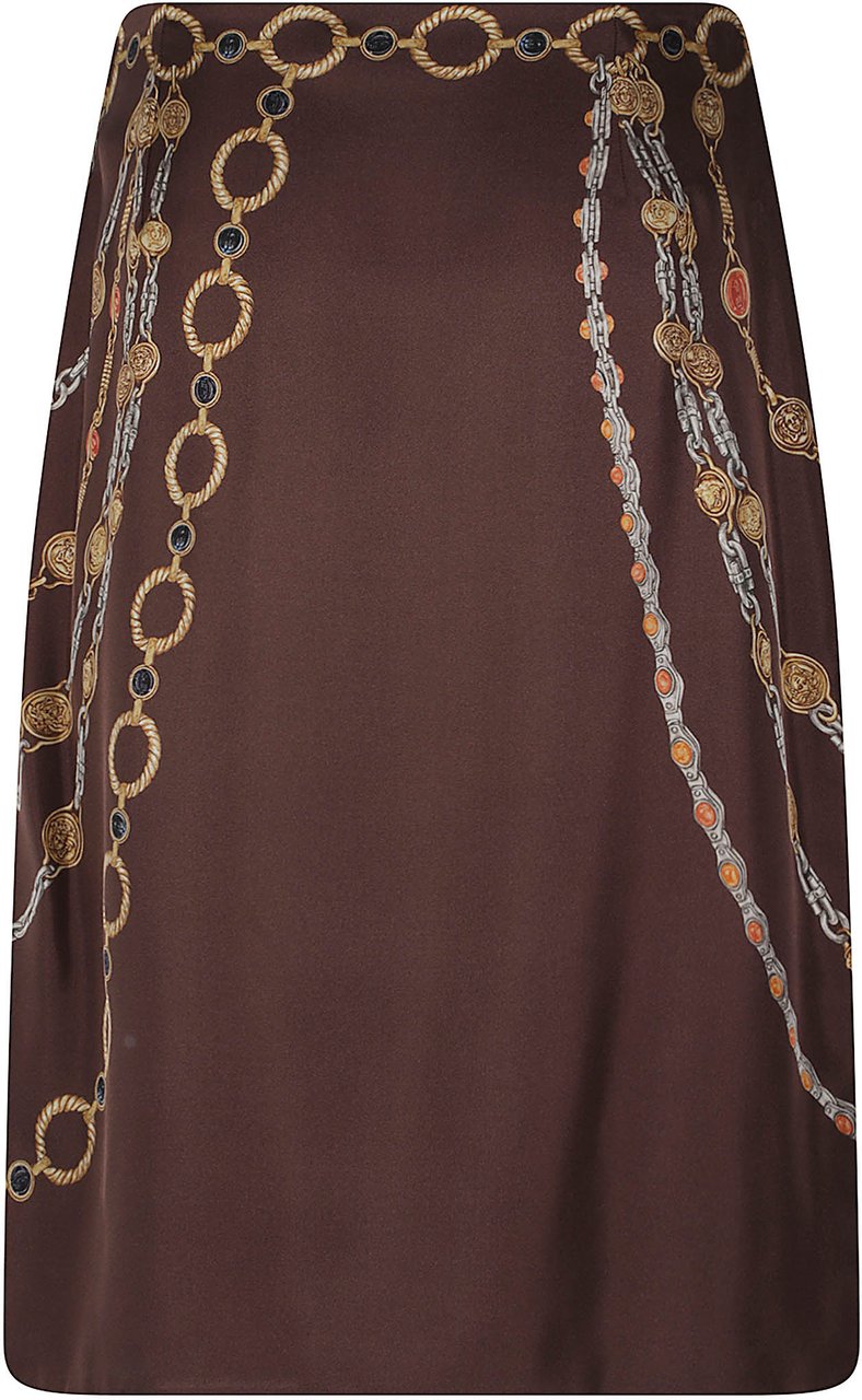 Versace Intricate Chain and Medallion Print Brown Skirt Zwart