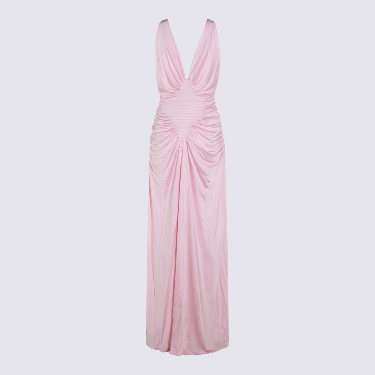 Versace Silk Maxi Dress With Deep V-Neckline And Pleated Bodice Roze
