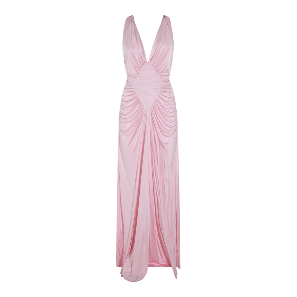 Versace Silk Maxi Dress With Deep V-Neckline And Pleated Bodice Roze