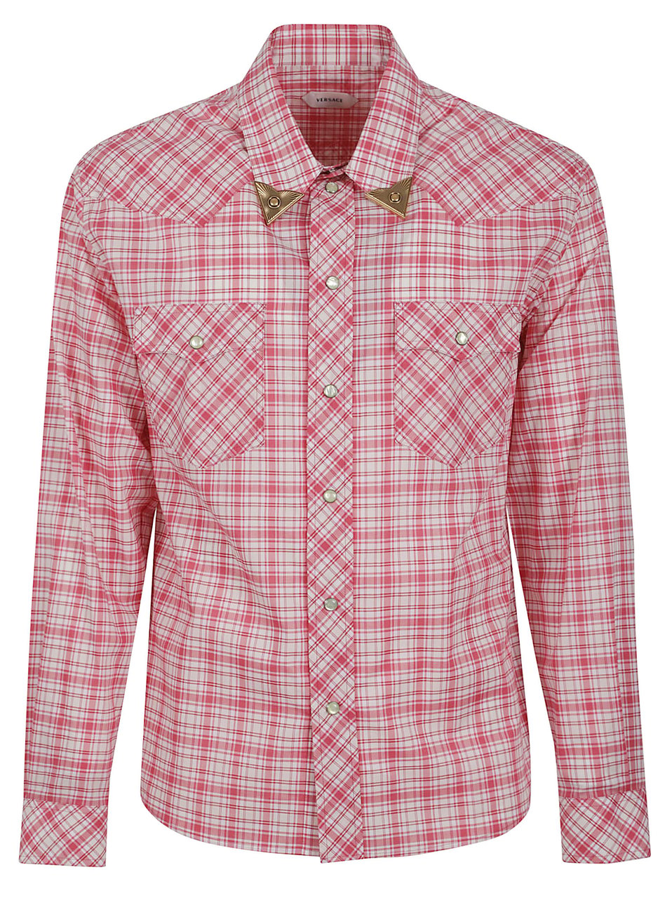 Versace Blue Checked Cotton-Poplin Slim Embroidered Shirt Roze