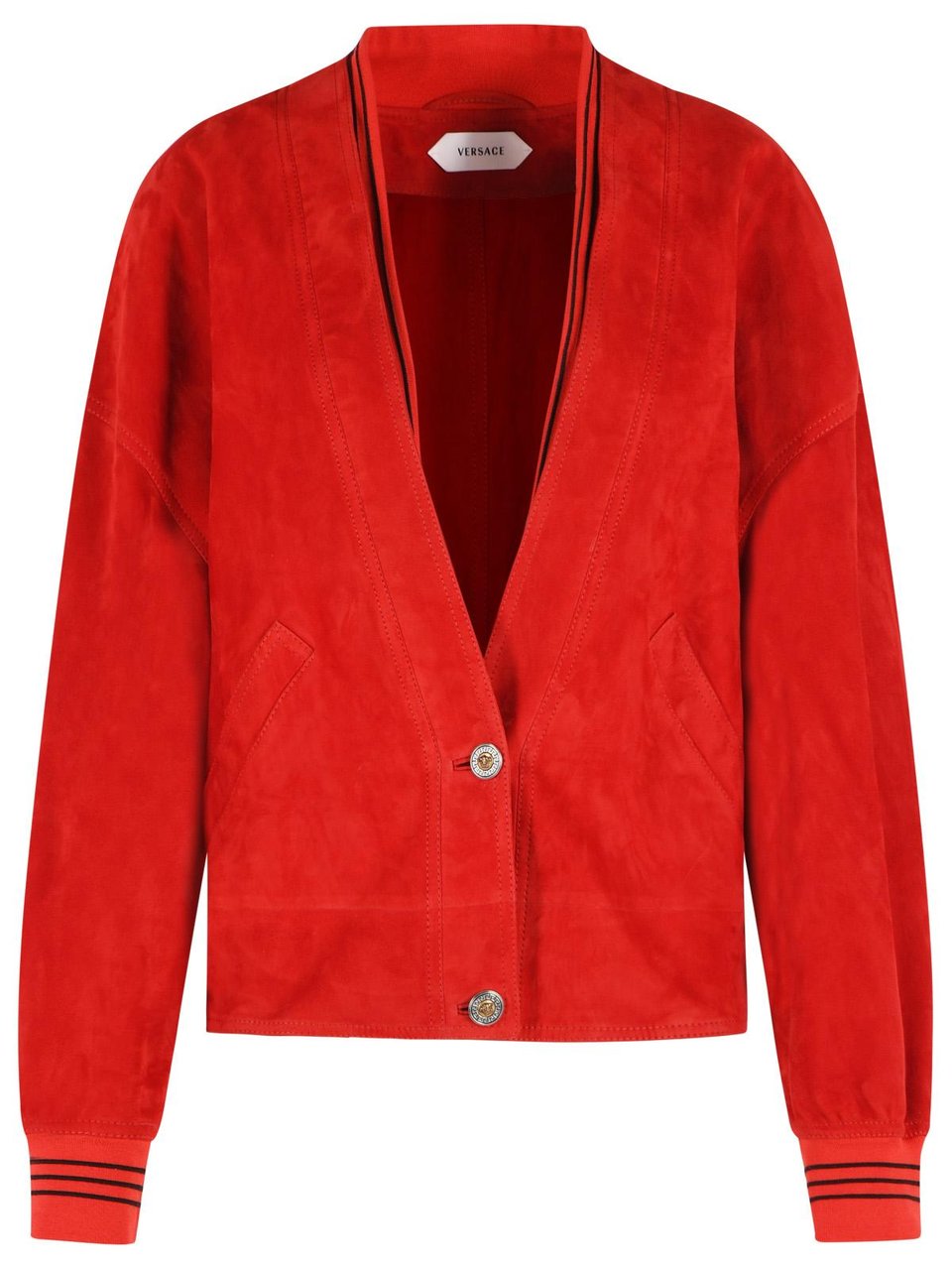 Versace Vibrant Red Suede Jacket With Deep V Neckline Rood