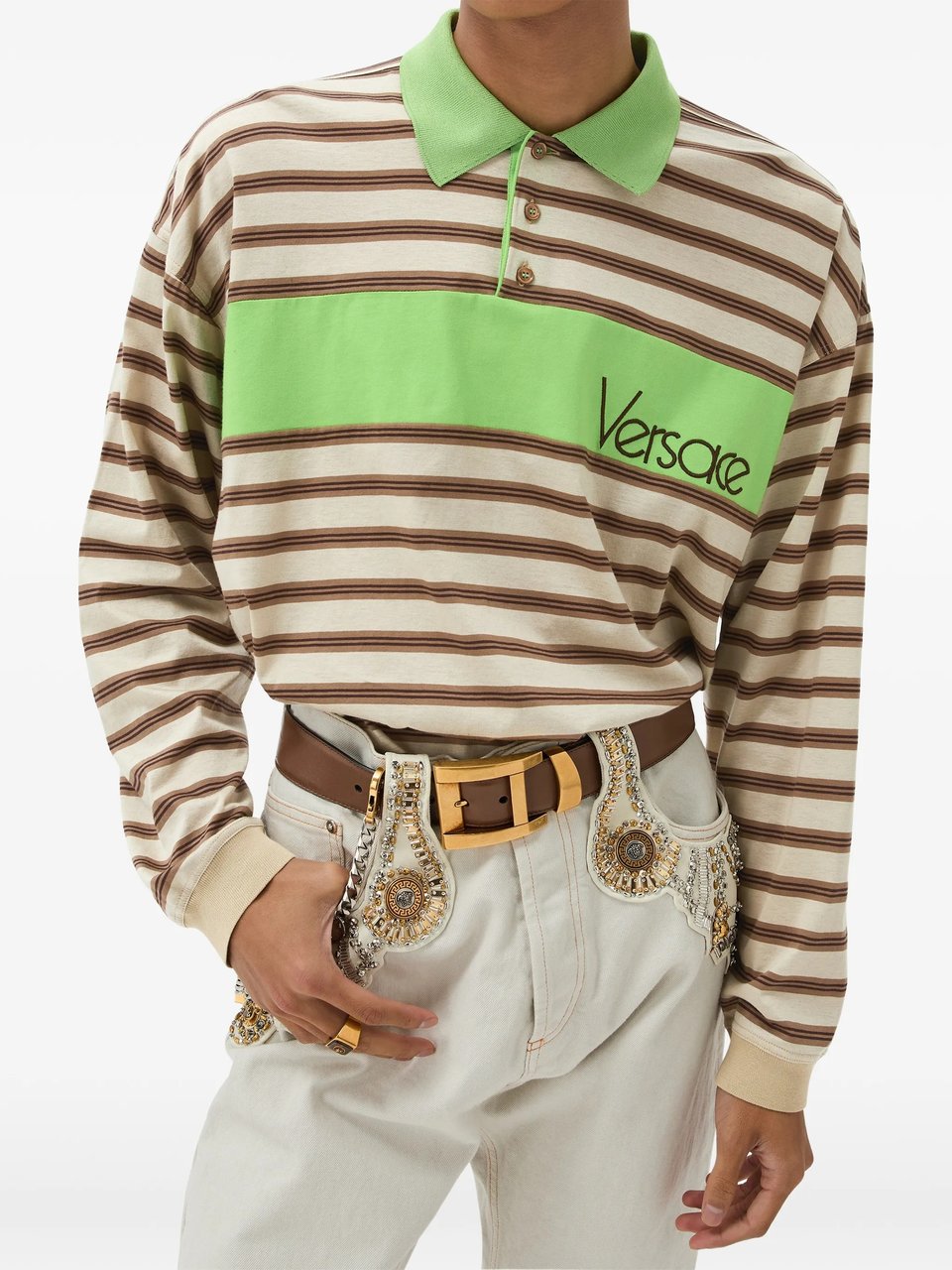 Versace Horizontal Striped Polo Shirt With Bold Green Panel Neutraal