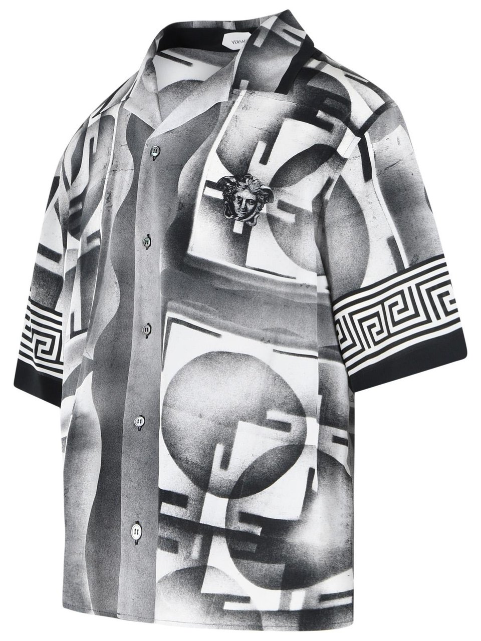 Versace Open Collar Black Silk Shirt With Geometric Print Grijs